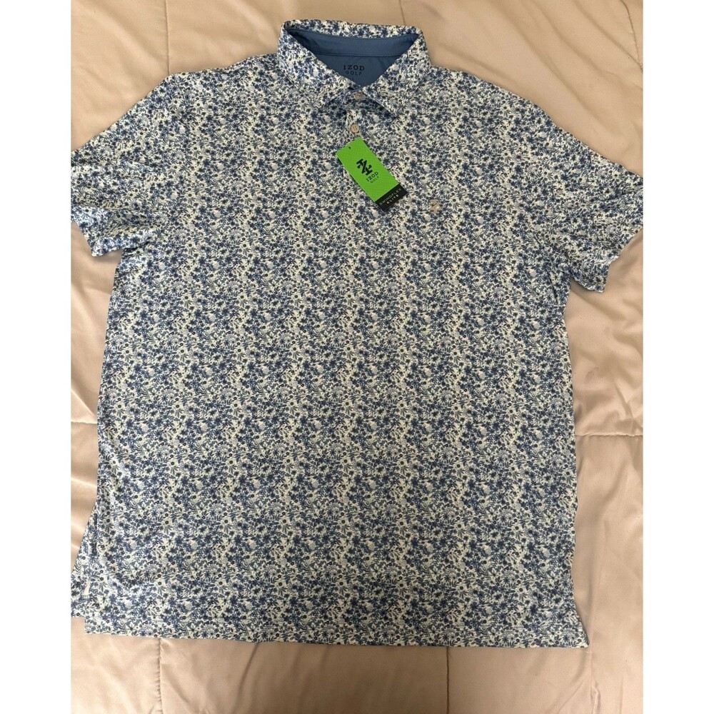 IZOD Golf SwingFlex Elite Men L Blue/White Floral Polo Shirt Preppy Full Print